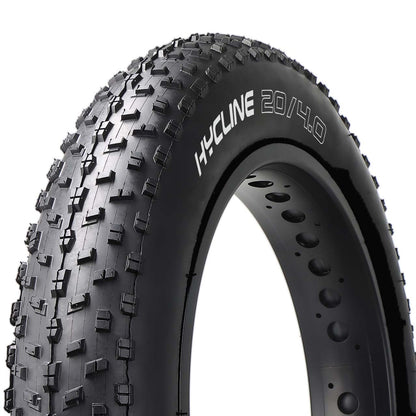 Hycline Raider fat bike tire with rugged tread and branding, designed for off-road e-bike and fat bike riding.