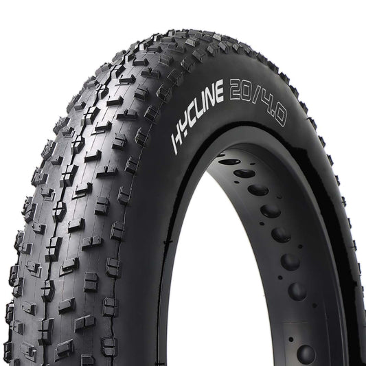 Hycline Raider fat bike tire with rugged tread and branding, designed for off-road e-bike and fat bike riding.