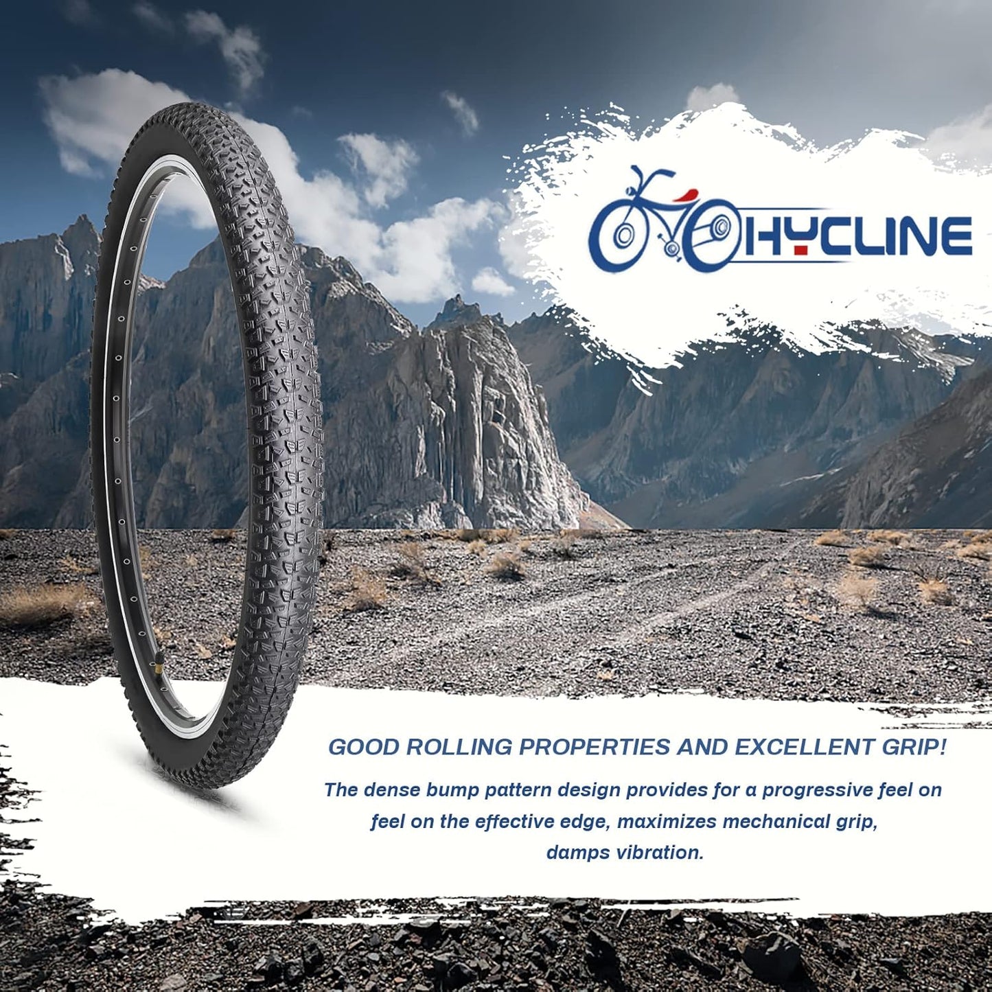 Hycline Tunner 27.5-inch mountain bike tire with rugged tread for off-road cycling, mounted on a wheel.