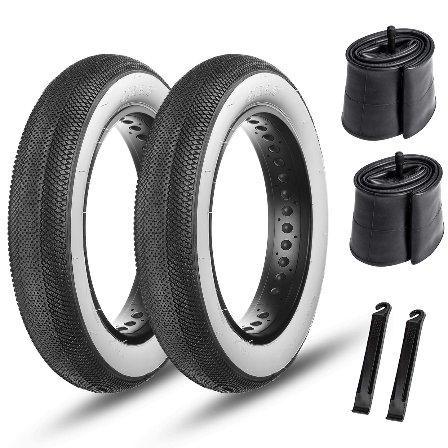 Set of two Hycline HyperPave e-bike and fat bike tires with whitewalls, durable rubber tires for electric and fat bikes.