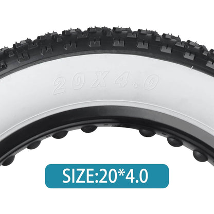 Hycline Raider white-wall fat bike tire with studs, 20-inch e-bike tire, durable rubber tread for off-road cycling adventures.