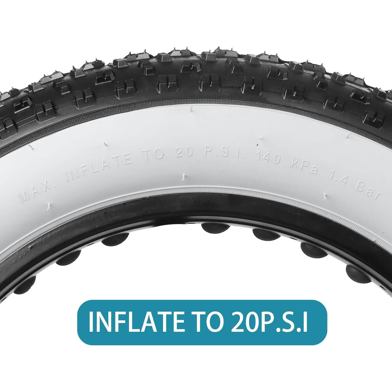 Hycline Raider white-wall studded fat bike and e-bike tire, 20-inch size, with textured tread for off-road riding.
