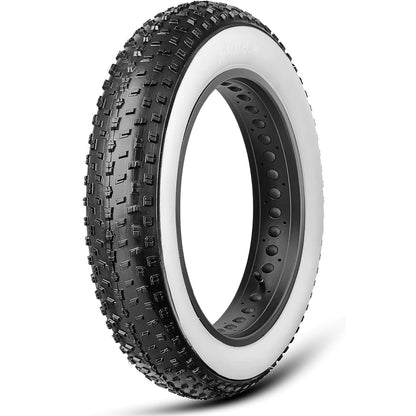 Hycline Raider white-wall fat bike tire with studded tread, 20-inch e-bike and fat bike tire suitable for rugged terrain.