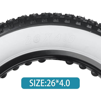 Hycline Raider white-wall fat bike and e-bike tire, 26x4 inch with studded tread for off-road riding and durability.