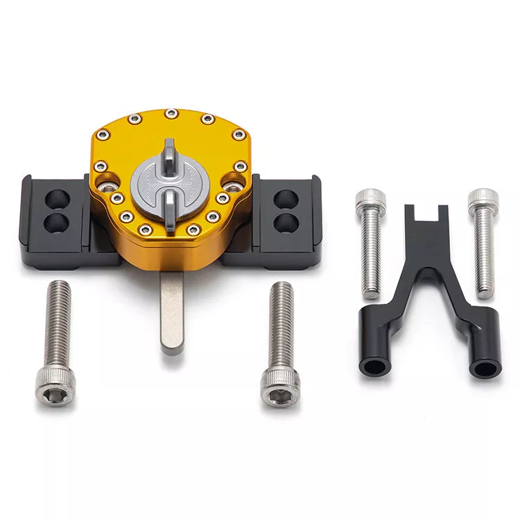 Gold hydraulic steering damper for Surron Ultra Bee electric bike, designed for improved handling and stability.