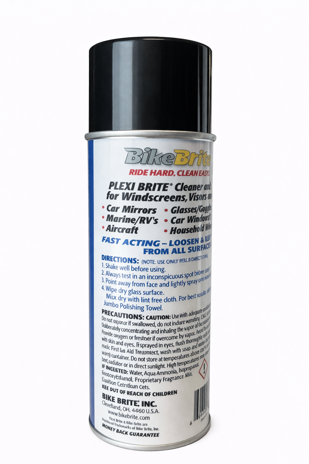 Shiny Plexi Brite® plastic cleaner and polish bottle from Bike Brite Online with a clear label and spray nozzle.