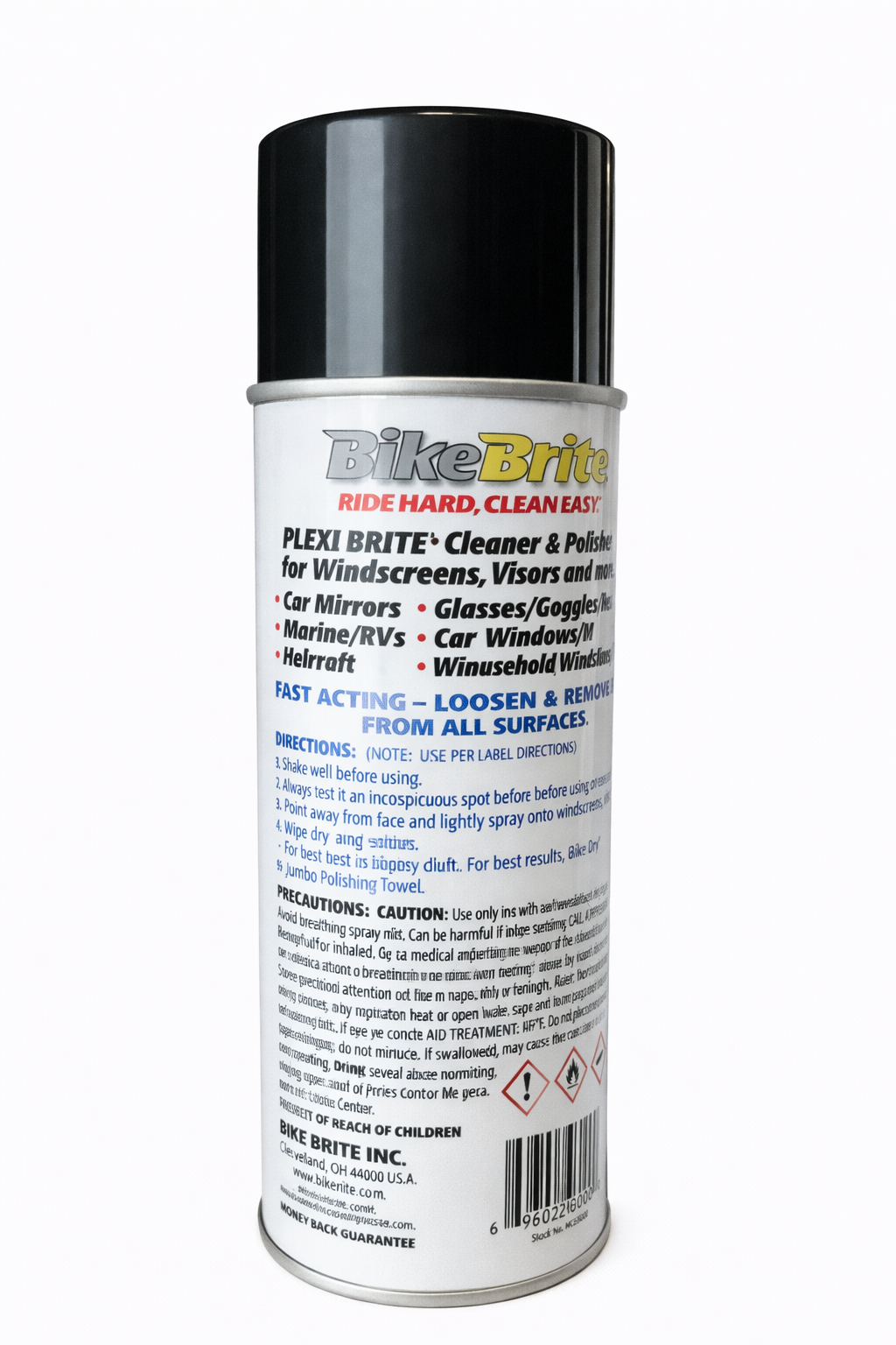Clear Plexi Brite® cleaning solution bottle from Bike Brite Online, designed for cleaning and shining bicycle and vehicle plastics.
