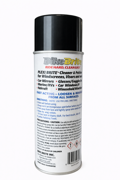 Clear Plexi Brite® cleaning solution bottle from Bike Brite Online, designed for cleaning and shining bicycle and vehicle plastics.