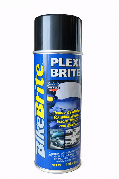Clear Plexi Brite® cleaner by Bike Brite Online in an applicator bottle, designed for cleaning and restoring bicycle plexiglass surfaces.