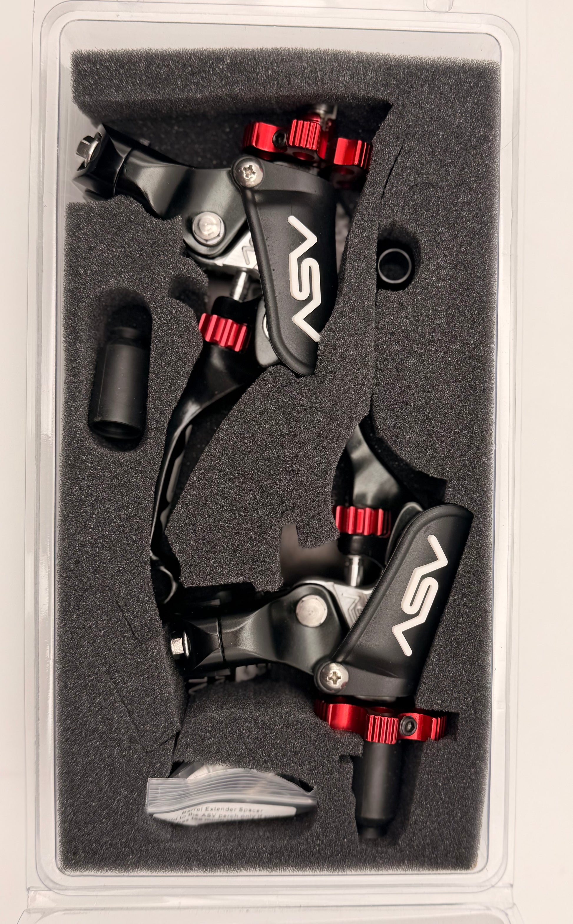 ASV Inventions F4 Series lever set showing black motorcycle clutch and brake levers with adjustable features on a clean background