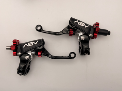 ASV Inventions F4 Series lever set with black levers and adjustable metal mounts for motorcycle control.