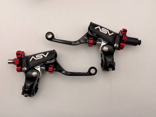 ASV Inventions F4 Series lever set with black levers and adjustable metal mounts for motorcycle control.