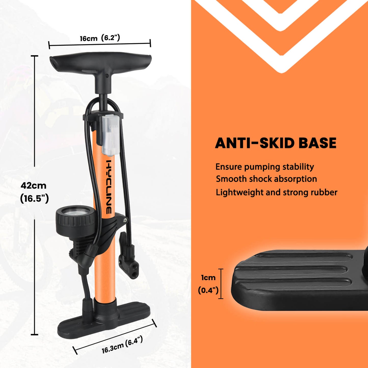 Hycline Basic-UP bicycle pump with digital pressure gauge and ergonomic handle, suitable for inflating bike tires.