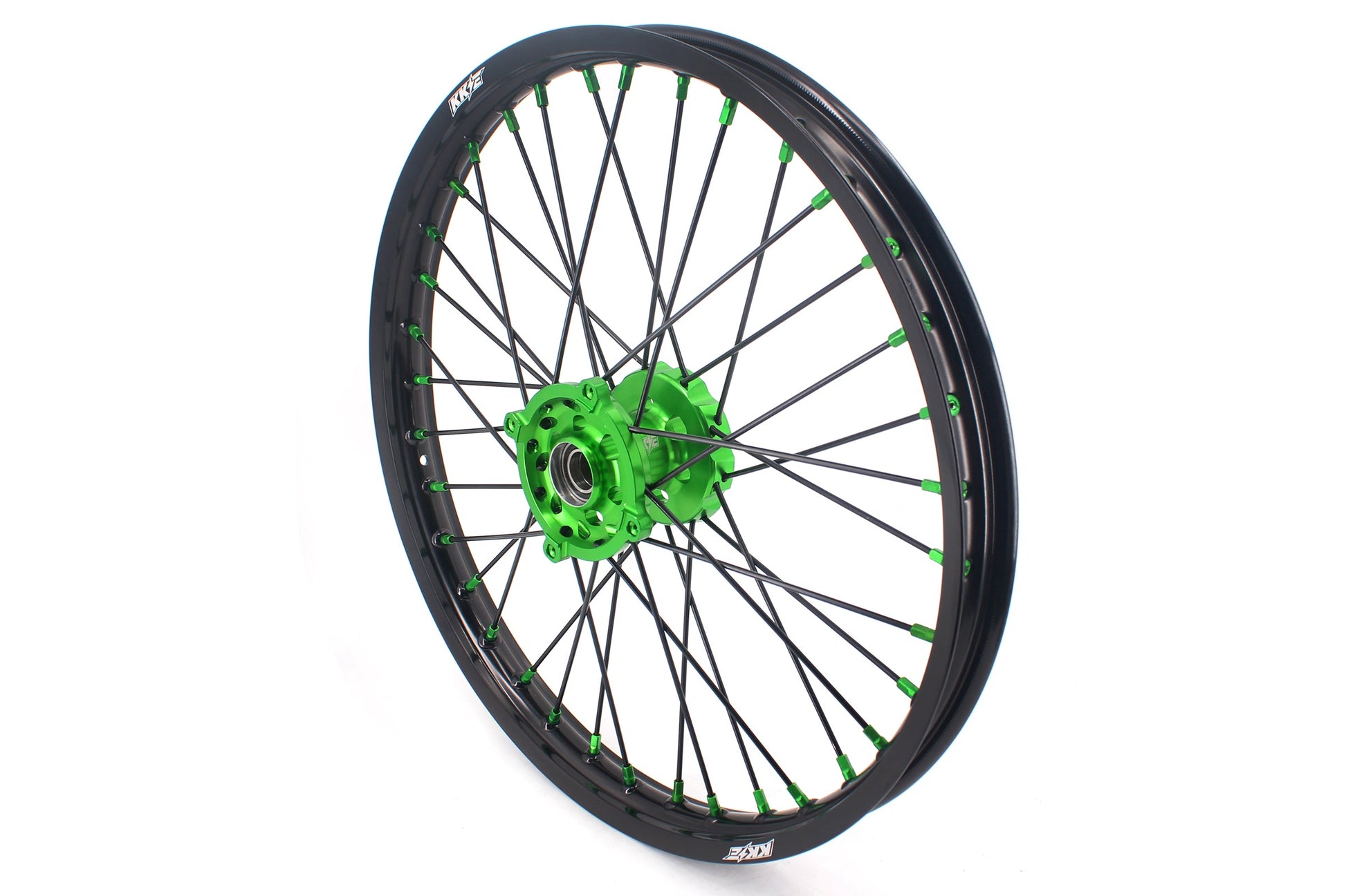 KKE 1.6*21 & 2.15*19 Wheels Rims Fit Kawasaki KX450 2019-2023 KX450X 2021-2023 Green Nipples & Black Spokes - Howling Moto