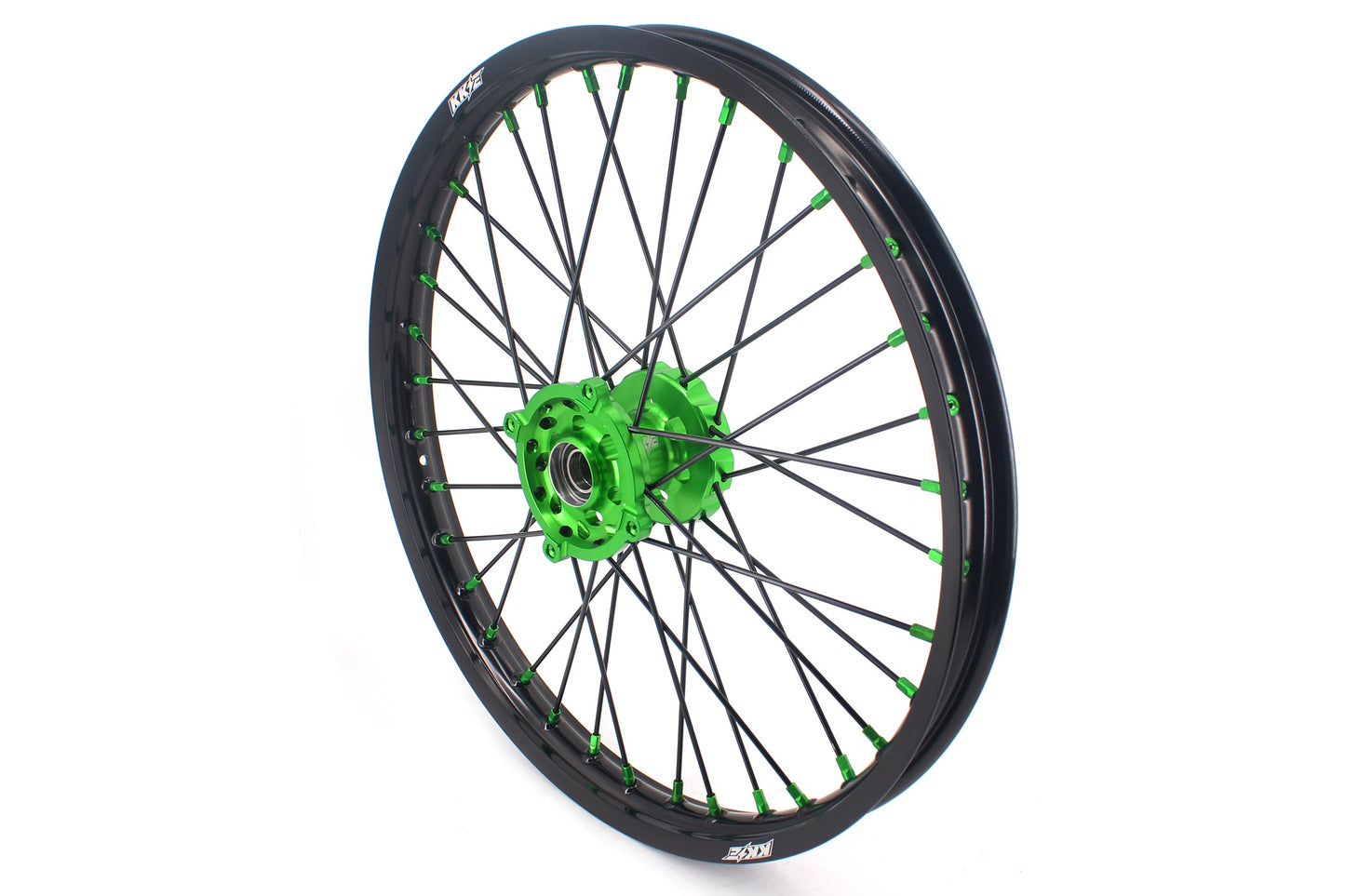 KKE 1.6*21 & 2.15*18 Wheels Rims Fit Kawasaki KX450 2019-2023 KX450X 2021-2023 Green Nipples & Black Spokes - Howling Moto