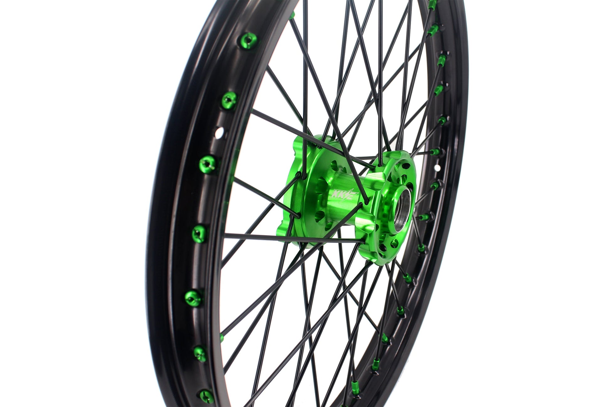 KKE 1.6*21 & 2.15*18 Wheels Rims Fit Kawasaki KX450 2019-2023 KX450X 2021-2023 Green Nipples & Black Spokes - Howling Moto