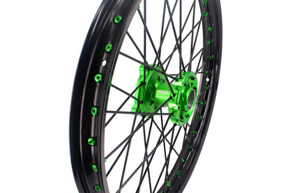 KKE 1.6*21 & 2.15*18 Wheels Rims Fit Kawasaki KX450 2019-2023 KX450X 2021-2023 Green Nipples & Black Spokes - Howling Moto