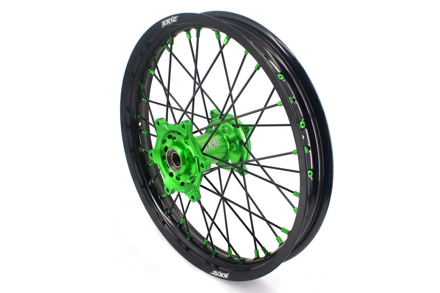 KKE 1.6*21 & 2.15*18 Wheels Rims Fit Kawasaki KX450 2019-2023 KX450X 2021-2023 Green Nipples & Black Spokes - Howling Moto
