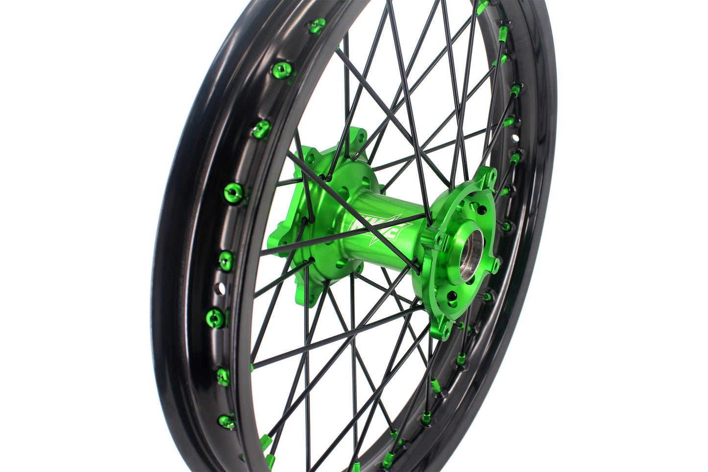 KKE 1.6*21 & 2.15*19 Wheels Rims Fit Kawasaki KX450 2019-2023 KX450X 2021-2023 Green Nipples & Black Spokes - Howling Moto