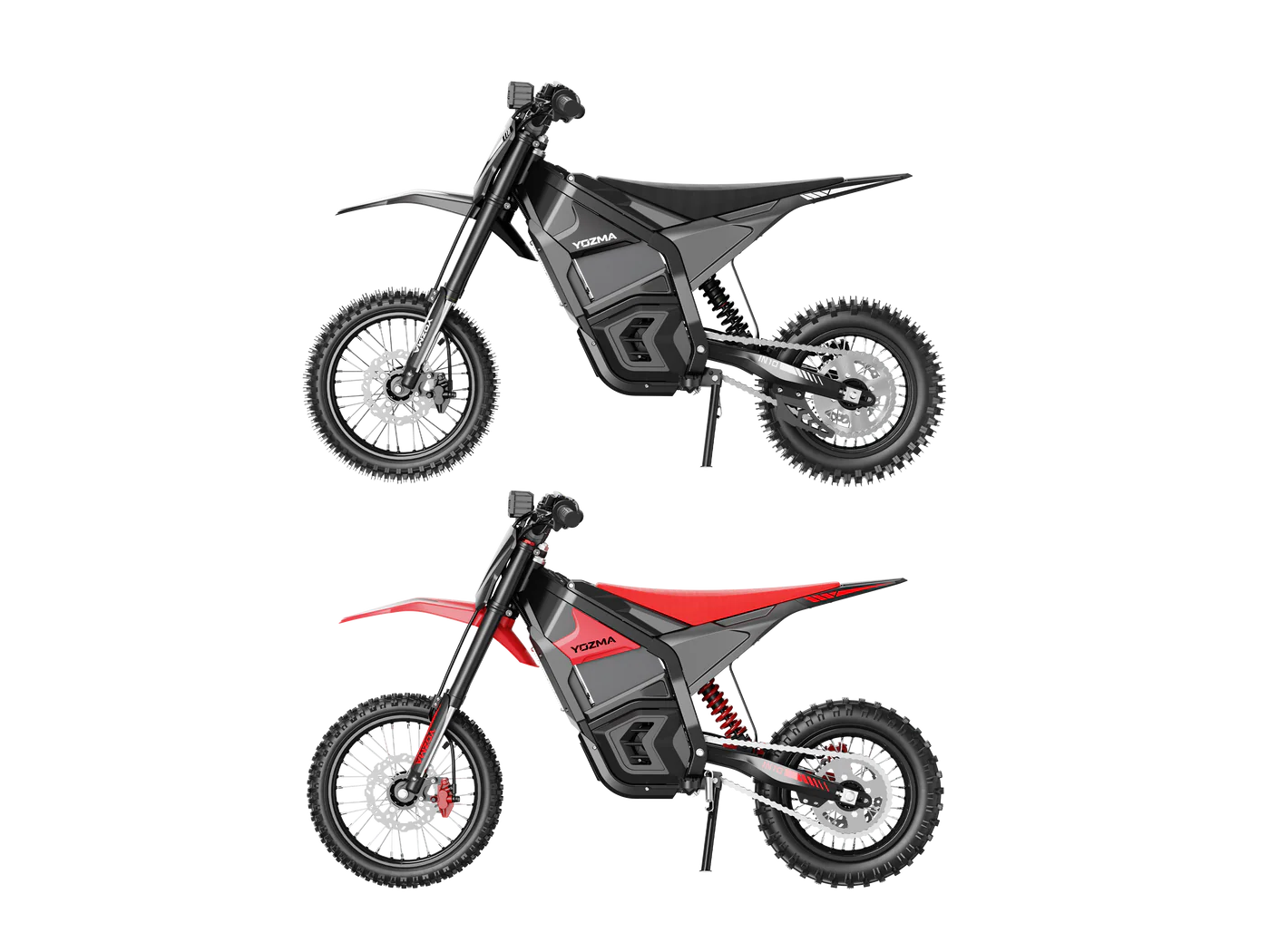Yozma IN 10 electric mini dirt bike with 2600W motor, black frame, knobby tires, and handlebars for off-road riding.