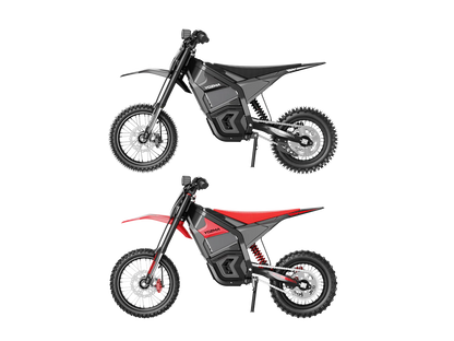 Yozma IN 10 electric mini dirt bike with 2600W motor, black frame, knobby tires, and handlebars for off-road riding.