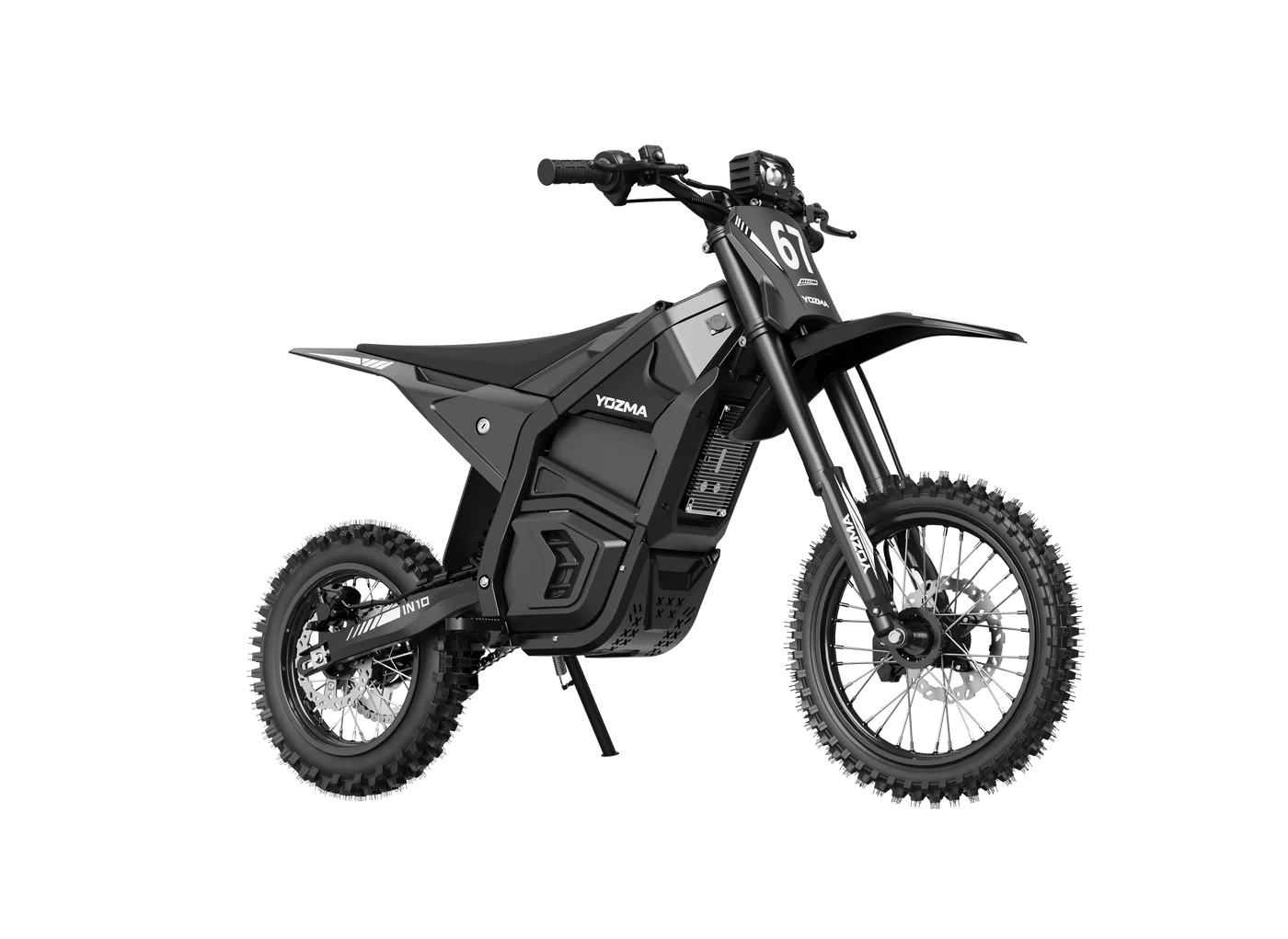 Yozma IN 10 electric mini dirt bike with 2600W motor, rugged tires, and sleek black design, ready for off-road adventures.