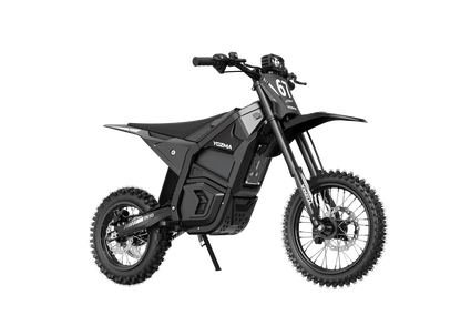 Yozma IN 10 electric mini dirt bike with 2600W motor, rugged tires, and sleek black design, ready for off-road adventures.