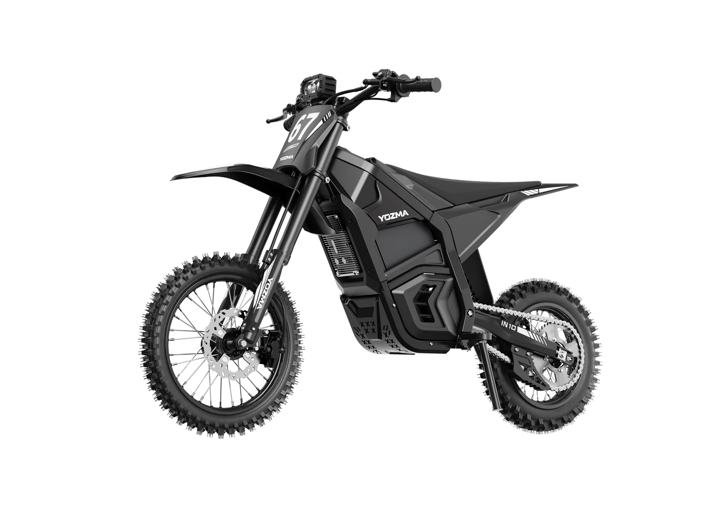 Yozma IN 10 electric mini dirt bike with 2600W motor, black and red design, ready for off-road riding