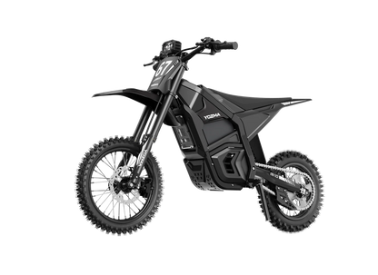 Yozma IN 10 electric mini dirt bike with 2600W motor, black and red design, ready for off-road riding