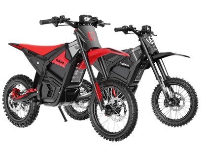 Yozma IN 10 electric mini dirt bike with 2600W motor, black and orange design, suitable for young riders, 40 MPH top speed.