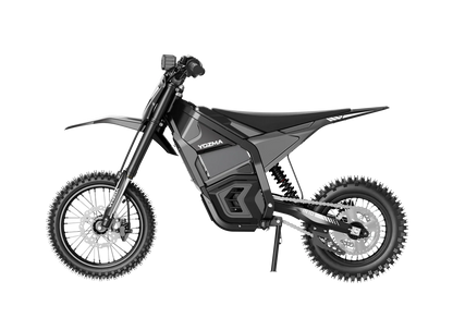 Yozma IN 10 electric mini dirt bike with 2600W motor, black and red design, ready for off-road riding and outdoor adventures.
