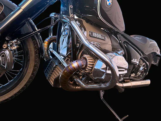 BMW R18 titanium exhaust system by Bill's Exhausts, in-stock for 2020-2025 model, showing sleek exhaust pipes and branding.