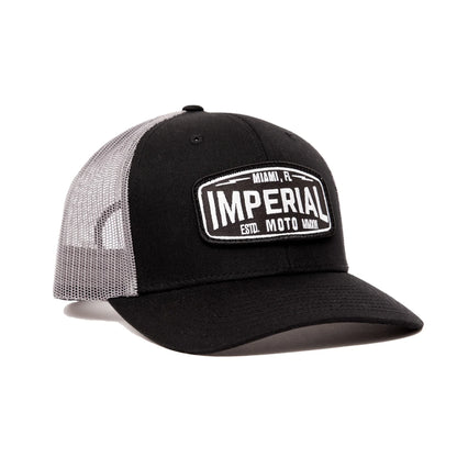 Black Imperial Moto Trucker 2.0 hat by Bill's Exhausts with mesh back and embroidered front logo, in stock and ready to wear.