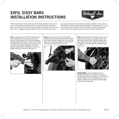 Bill's Exhausts BILTWELL EXFIL Sissy Bar XL in chrome, showing the sturdy body and mounting details on a motorcycle.