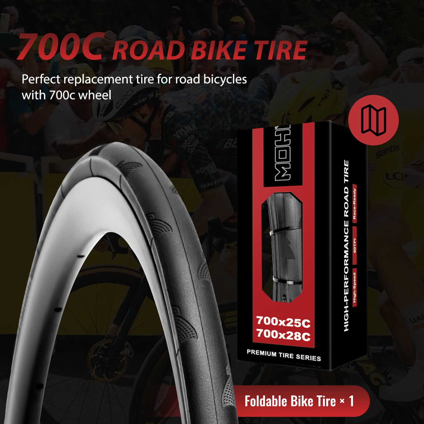 Hycline P-Wave 700x25C road bike tire with smooth tread, suitable for high-performance cycling on paved roads.