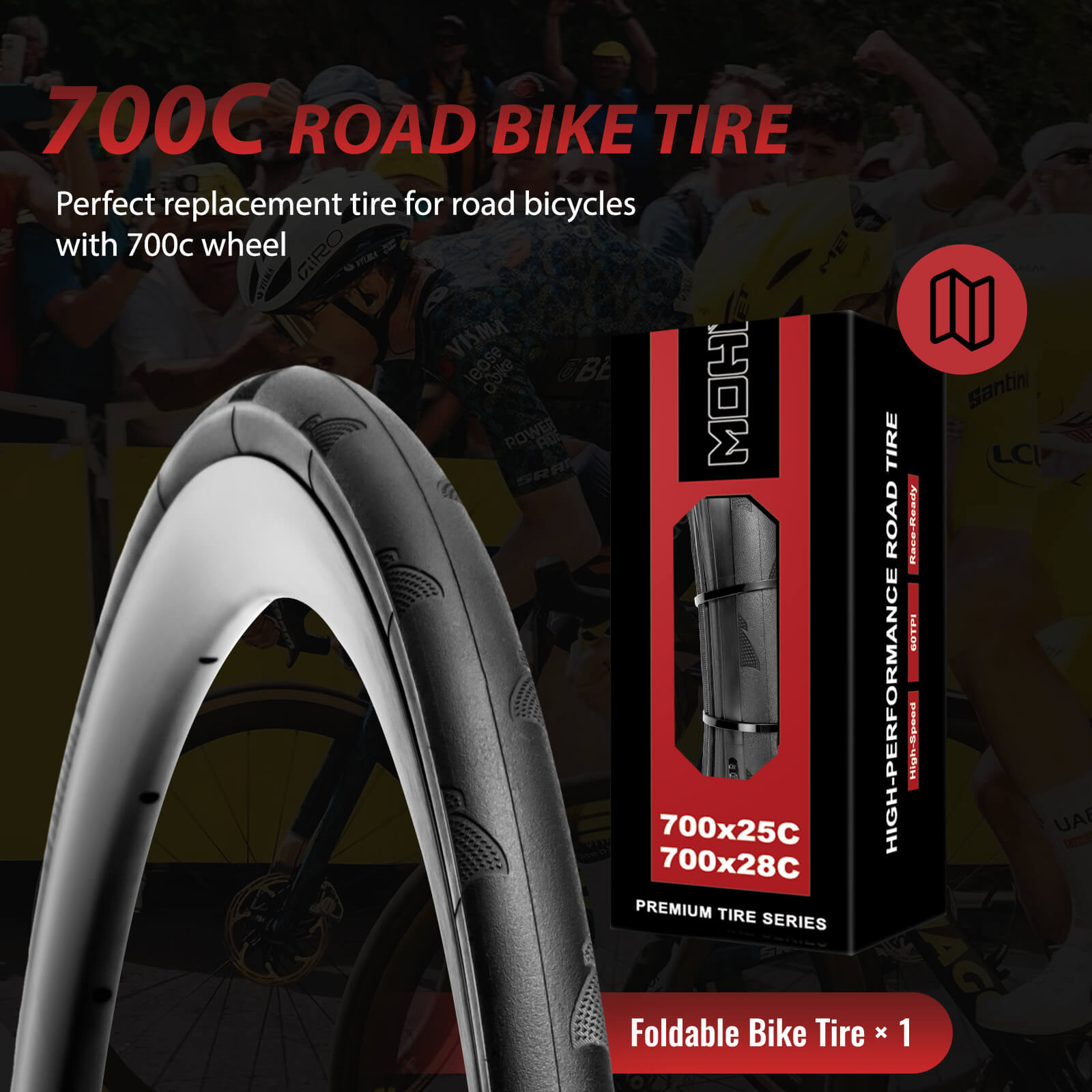 Hycline P-Wave 700x25C road bike tire with smooth tread, suitable for high-performance cycling on paved roads.
