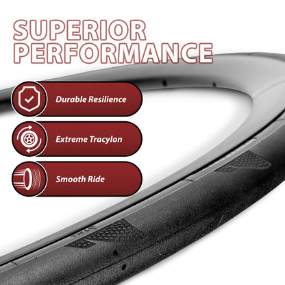 Hycline P-Wave road bike tire 700×25C / 28C with sleek tread and sidewall, designed for speed and durability on paved roads.