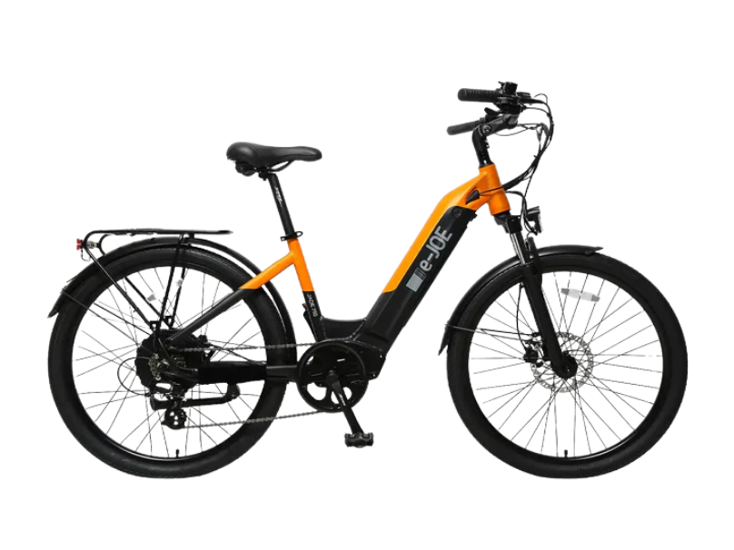 White JADE Step Through Commuter Ebike by eJOEbike with sleek frame and electric motor, ideal for city commuting.