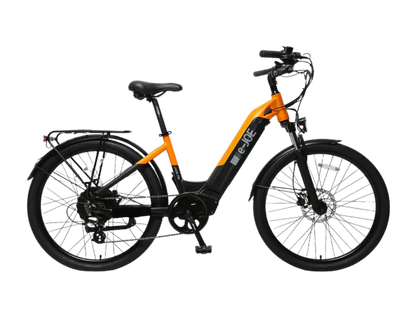 White JADE Step Through Commuter Ebike by eJOEbike with sleek frame and electric motor, ideal for city commuting.