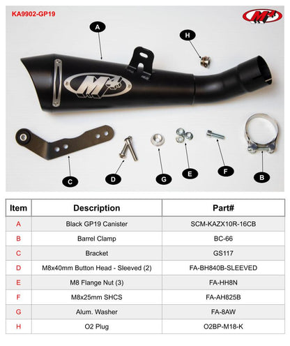Black M4 GP19 slip-on exhaust for Kawasaki ZX10 2016-2020 by Bill's Exhausts, shown on a motorcycle.