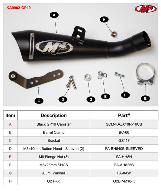 Black M4 GP19 slip-on exhaust for Kawasaki ZX10 2016-2020 by Bill's Exhausts, shown on a motorcycle.