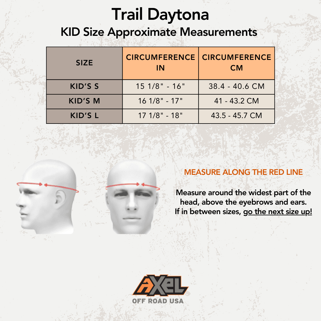 Off-road kid's Daytona helmet by AXEL OFF ROAD with size chart in inches and centimeters, designed for off-road trail riding.