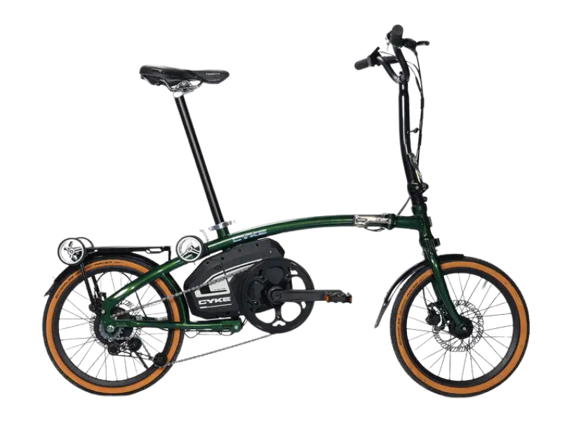 eJOEbike CYKE Kingfisher Mid-Drive Folding eBike from the PORTABLE SERIES, showing the green folded electric bike ready for transport.