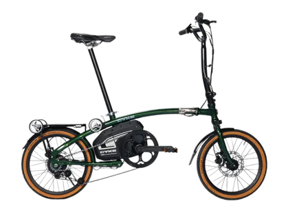 eJOEbike CYKE Kingfisher Mid-Drive Folding eBike from the PORTABLE SERIES, showing the green folded electric bike ready for transport.