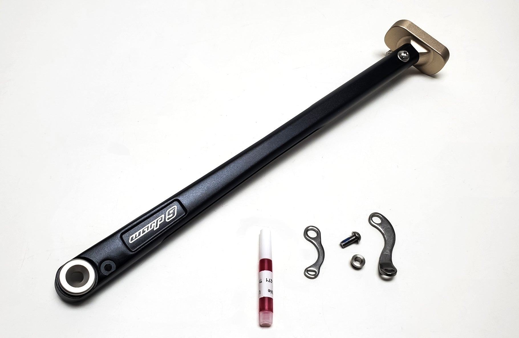 Warp9Racing OEM adjustable kickstand for KTM, Husqvarna, GasGas motorcycles, shown in black with mounting hardware.