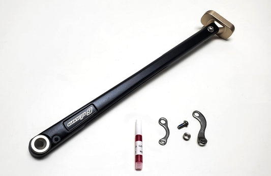 Warp9Racing OEM adjustable kickstand for KTM, Husqvarna, GasGas motorcycles, shown in black with mounting hardware.