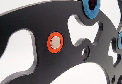 Warp9Racing KTM Rotor Speedo Magnet V3 installed on motorcycle wheel for accurate speedometer readings.