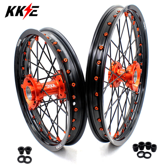 KKE 19"×1.6/16"×1.85 Spoke Kid's Big Wheels Rims Fit KTM SX 85 2003-2020 Orange Nipples & Black Spokes - Howling Moto