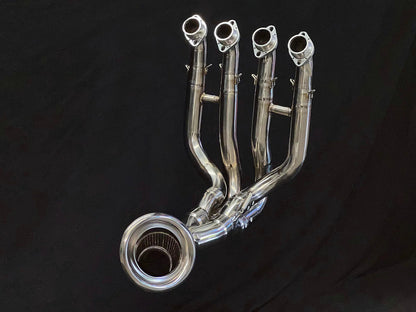 Polished titanium exhaust system for Kawasaki ZH2 motorcycle, open box, installed on bike with removed baffler, by Bill's Exhausts