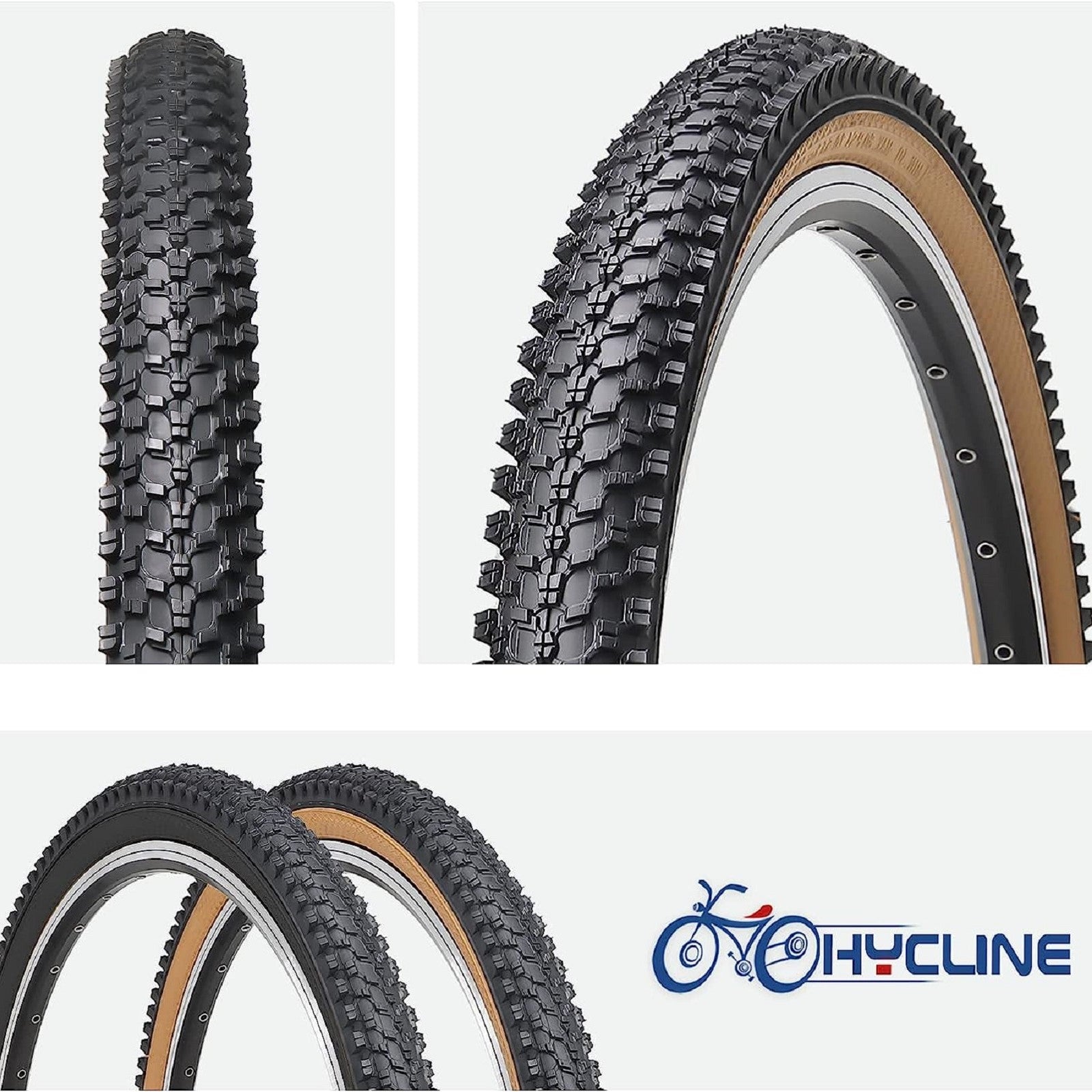 Hycline CrossBand Brown Wall mountain bike tire, 26 inches by 1.95 inches, with Kevlar folding for durability and traction.